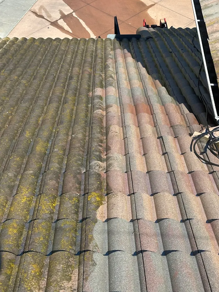Tile roof before cleaning with moss and debris San Diego